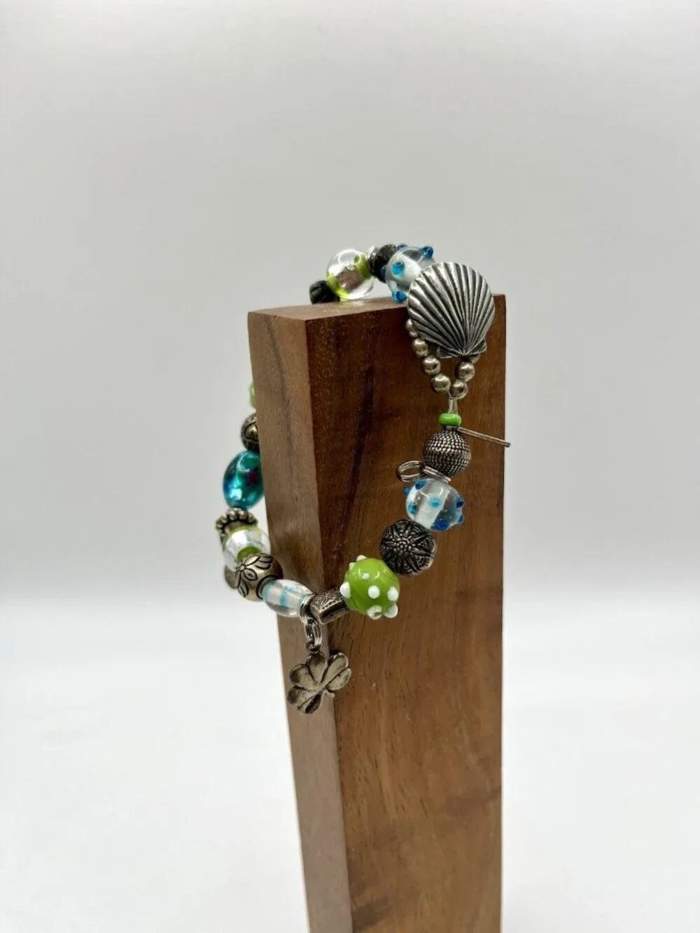 VTG Sterling Silver Charm Bracelet Artisan Lampwork Glass Beads Florida Shell